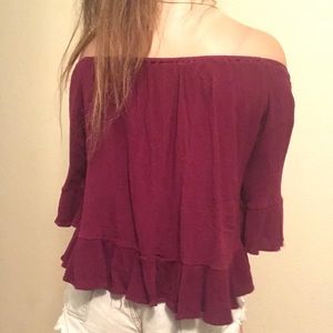 red off the shoulder flowy blouse
